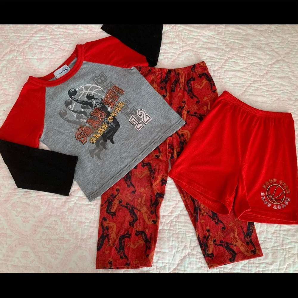 J Khaki Pajama Set Boys XS (4/5) Red Black 3 Pieces Top Pants Shorts Basketball